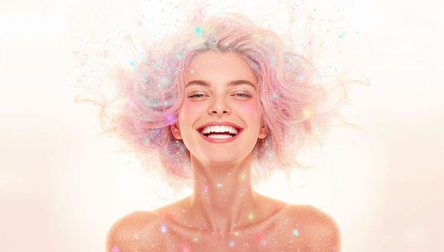 Smiling woman with pastel pink hair glowing skin and ethereal glitter particles