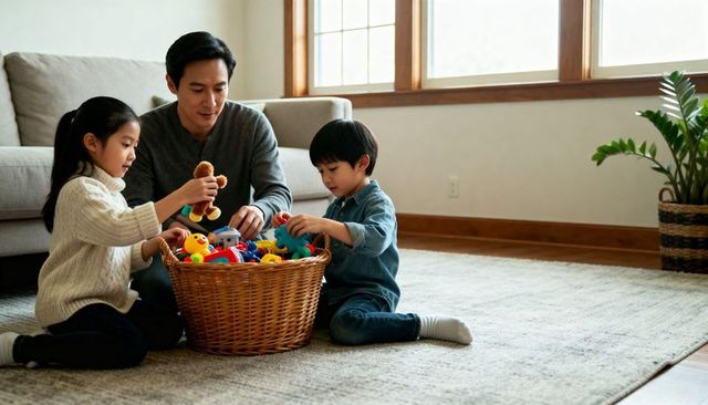 Father and children sorting toys on living room rug, cozy family playtime and bonding