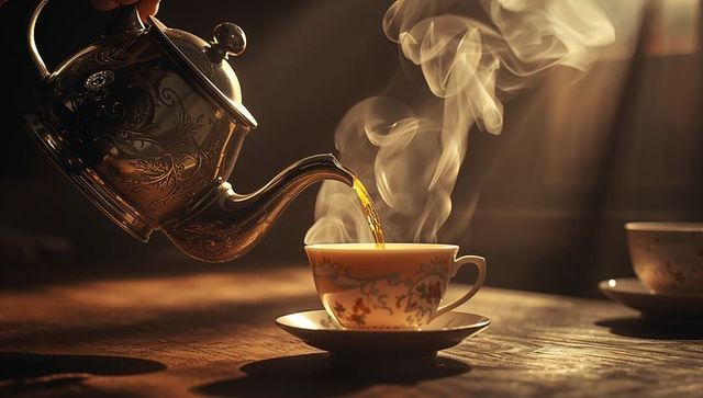 Vintage Teapot Pouring Tea into Delicate Porcelain Teacup
