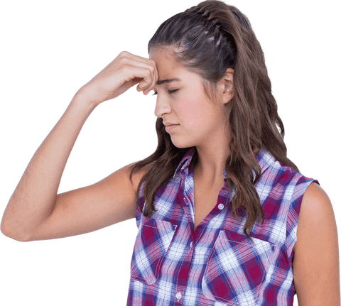 Stressed Caucasian Woman Touching Forehead on Transparent Background