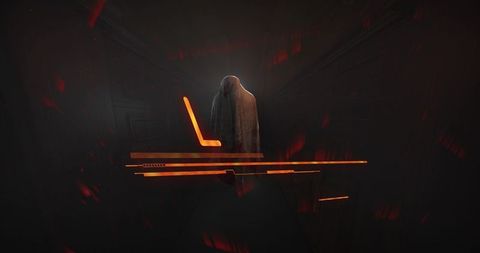 Hovering hooded figure emitting orange holographic bars and ember sparks in dark corridor