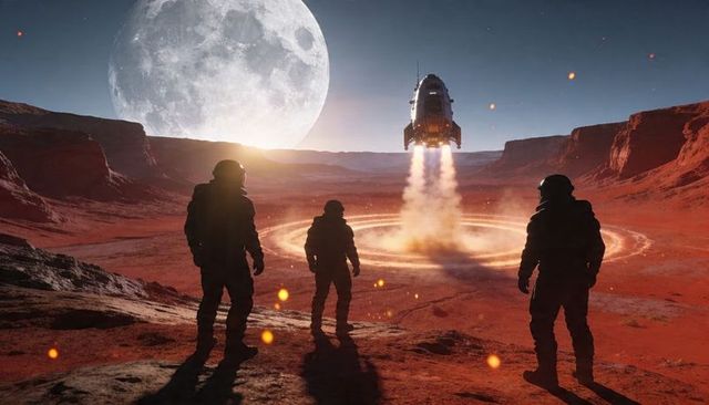 Three Astronauts Watching Descending Lander on Red Planet under Moonlight and Dust Ring