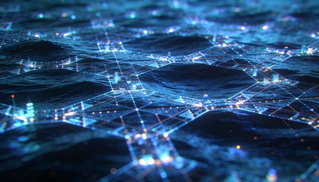 Glowing digital network lattice stretching across dark data sea with holographic nodes
