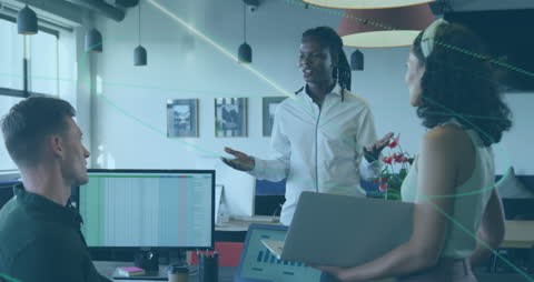 Diverse Team Collaborating in Modern Office with Tech Overlay