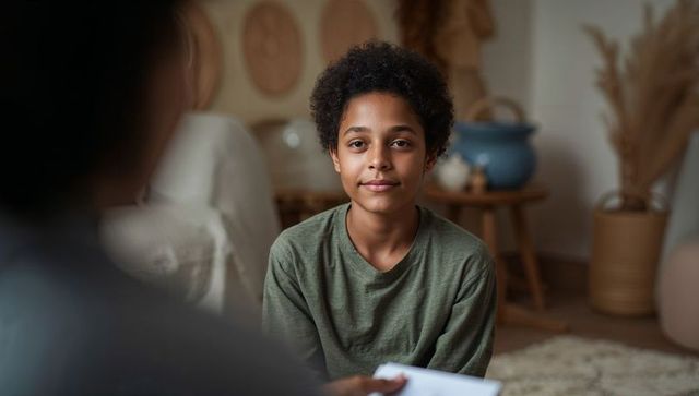 Cozy bohemian teen portrait sitting in living room with olive-green shirt and ceramic pot