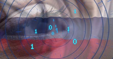 Scanning female eye with russian tricolor overlay, radar reticle and floating binary code