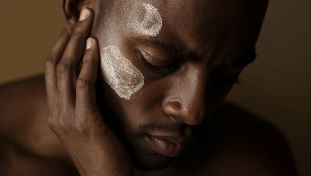 Touching black man tilting head closing eyes with facial cream patches closeup skincare