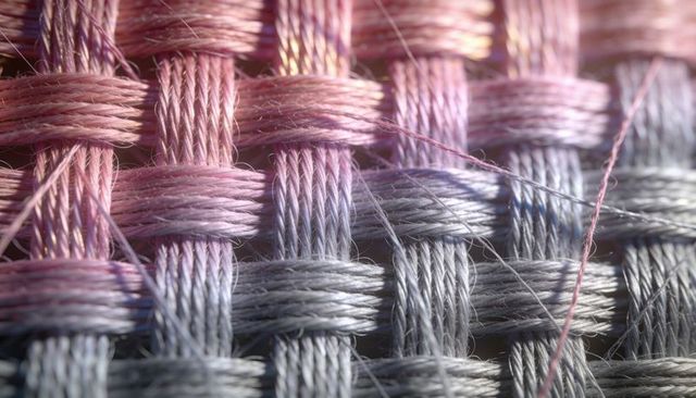 Woven metallic yarns creating iridescent grid macro textile texture