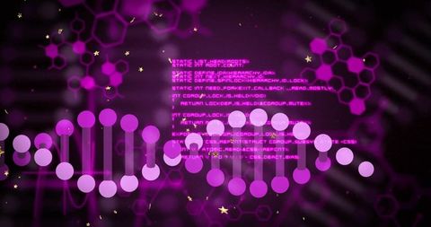 Futuristic biotech dna helix with coding and digital patterns