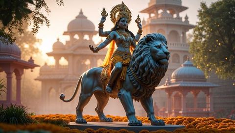 Hindu goddess statue with marigold flowers in courtyard