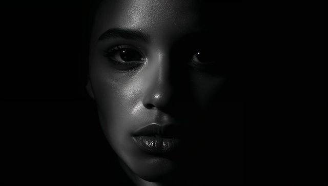 Staring adult woman in low-key cinematic headshot with glossy lips and dramatic sidelight