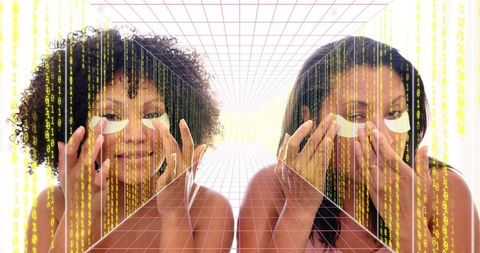 Futuristic skincare duo applying under-eye gel pads with pink wireframe and binary code