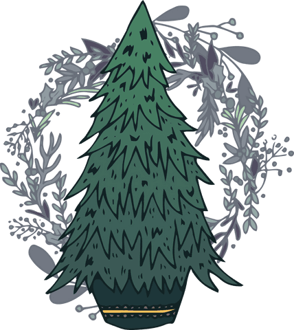 Transparent Green Fir Tree with Festive Wreath Design