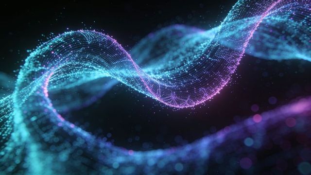 Flowing luminous particle ribbon sweeping across neon cyan magenta cyber background