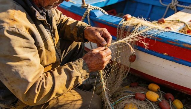 Weathered fisherman mending net at sunlit harbor, rustic painted boat with floats and ropes