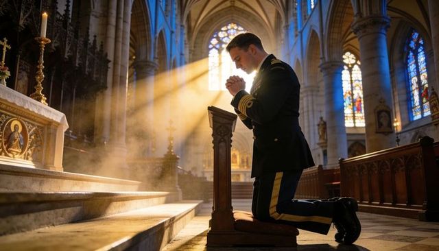 Uniformed navy officer kneeling praying in gothic cathedral bathed in sunbeams and stained glass