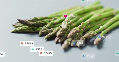 Fresh Asparagus with Social Media Engagement Icons
