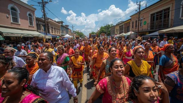 Women marching in colorful saris during vibrant street festival parade