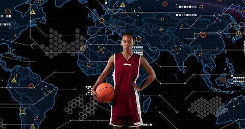 Female Athlete Analyzing Digital Map with Futuristic Data Visualization