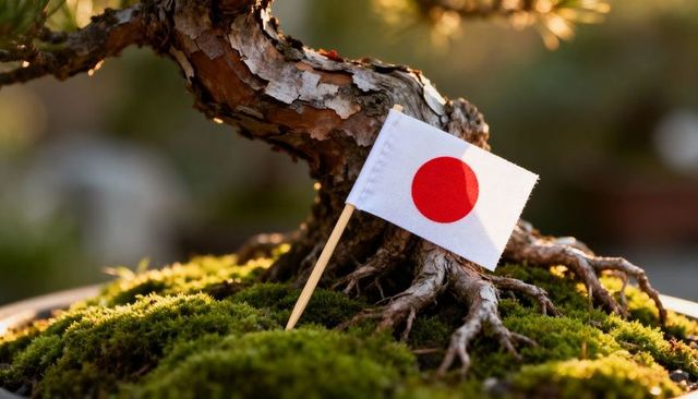 Miniature bonsai tree displaying japanese flag among mossy roots and peeling bark glow
