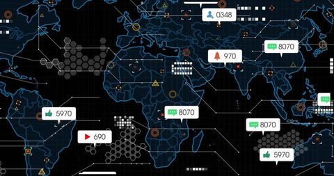 Neon-Blue Global Network Dashboard Showing Social Notifications, Data Streams, Analytics