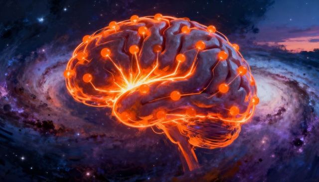 Glowing neural galaxy brain connecting luminous nodes and futuristic circuitry