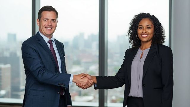 Successful business partners shaking hands in modern office
