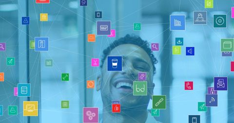 Happy Professional with Networking Technology Icons - Download Free Stock Images Pikwizard.com