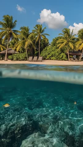 Vertical split-view showing tropical shore and underwater reef with swaying palms, swimming fish
