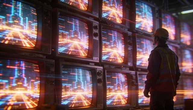 Technician inspecting retro crt monitor wall with neon cyber grid and glowing data streams