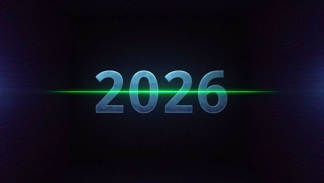 2026 neon horizon: futuristic cyan metallic numerals glowing with green laser beam slate