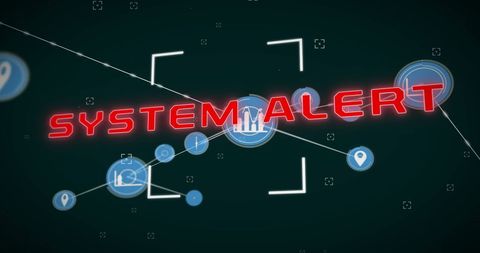 Glowing system alert text with digital networking icons