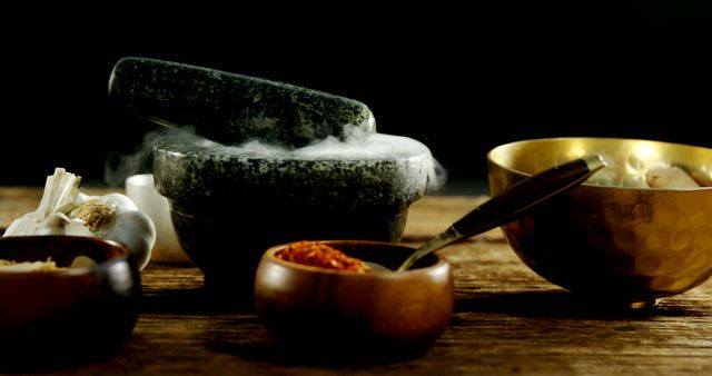 A variety of spices and a mortar and pestle emit steam on a rustic wooden surface, suggesting a cooking or herbal medicine preparation. The warm lighting and steam create an inviting atmosphere that speaks to culinary traditions or natural remedies.