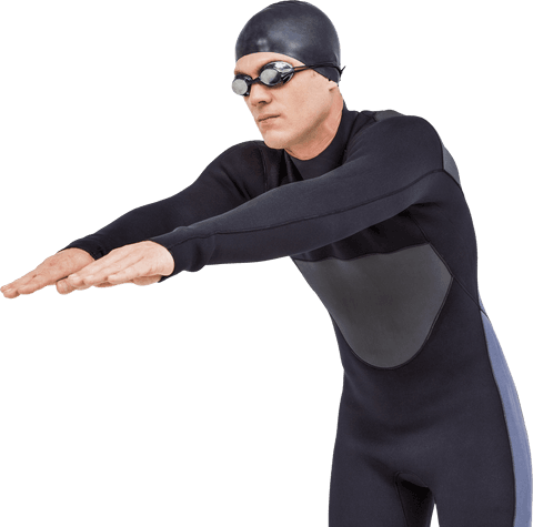 Transparent swimmer in wetsuit diving pose