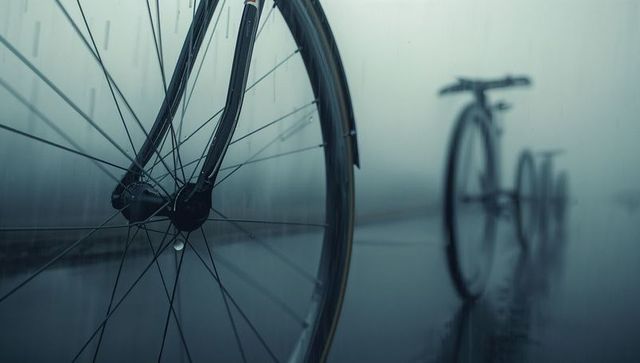 Bicycle wheels amidst fog on rain-soaked road
