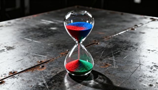 Glass hourglass pouring tri-color sand on rusted steel workbench with rivets and reflections