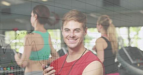 Energetic fitness instructor leading treadmill workout