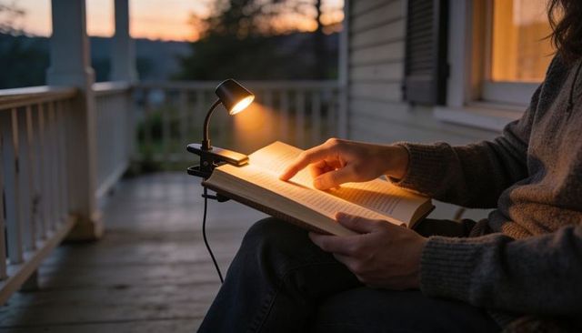 Woman reading on porch at dusk with clip-on lamp casting warm glow