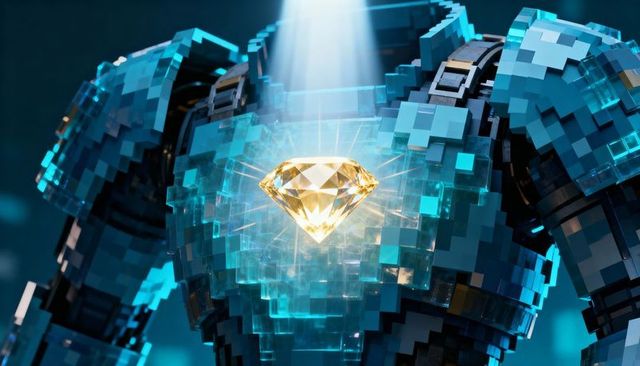 Voxel armor emitting golden diamond core glow for futuristic tech and gaming