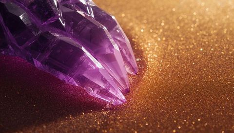 Faceted purple crystal resting on gold glitter surface with bokeh sparkle and shine