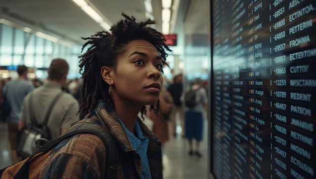 Traveler with backpack reading flight information at airport terminal
