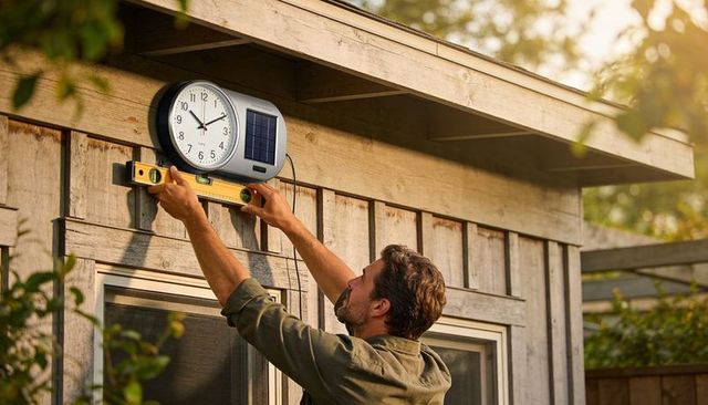 Man mounting solar-powered outdoor clock on weathered wooden shed using level at golden hour