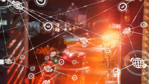 Global Network Connections Over Cityscape at Night