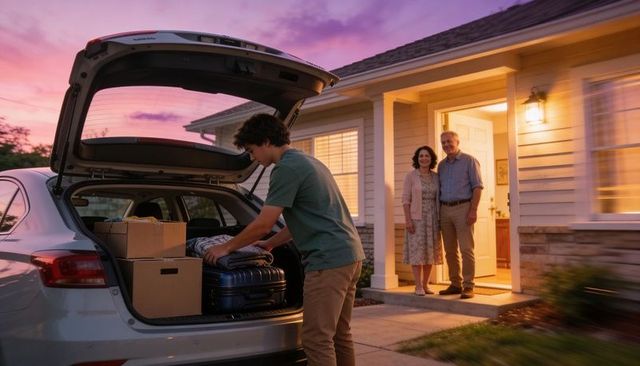 Teen packing car trunk at dusk while parents stand on porch during family moving day