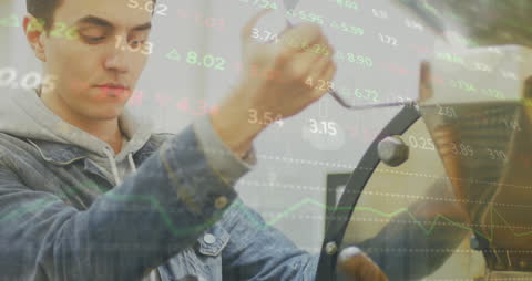 Digital Animation of Barista at Coffee Shop with Stock Market Data Overlay