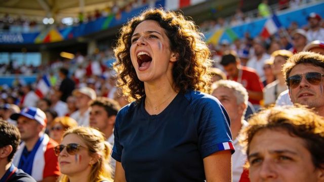 Cheering french fan shouting with face paint and tricolor jersey trim in sunlit stadium