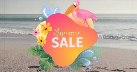 Vibrant tropical summer sale badge with flamingo, hibiscus and monstera on beach