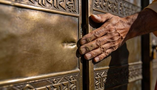 Elder hand resting on brass temple panel embossed script patina and saffron cuff