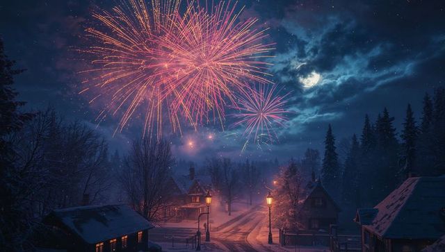 Fireworks Over Snowy Village Road Under Moonlit Sky