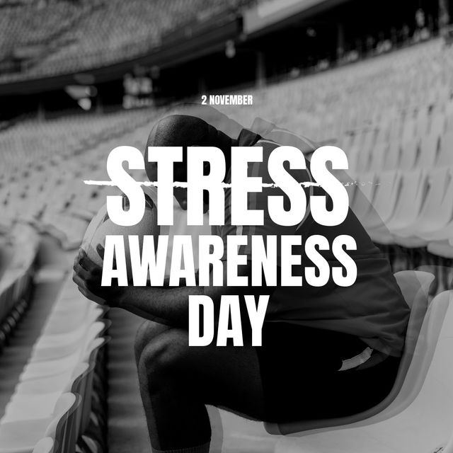 Composition of stress awareness day text african american man sitting on stadium on white background. National stress awareness day and celebration concept digitally generated image.